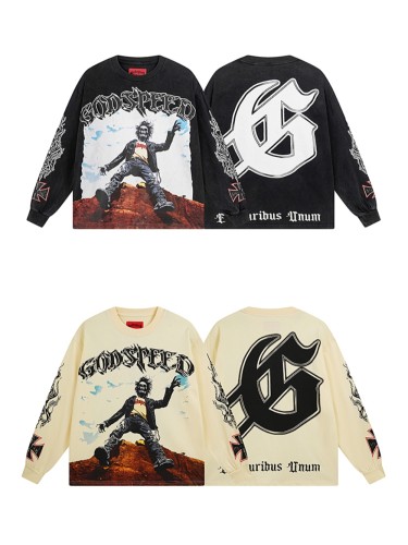 27958352 Colorblocked High Slope Skull Print Washed Version Long Sleeve T-Shirt 2 colors