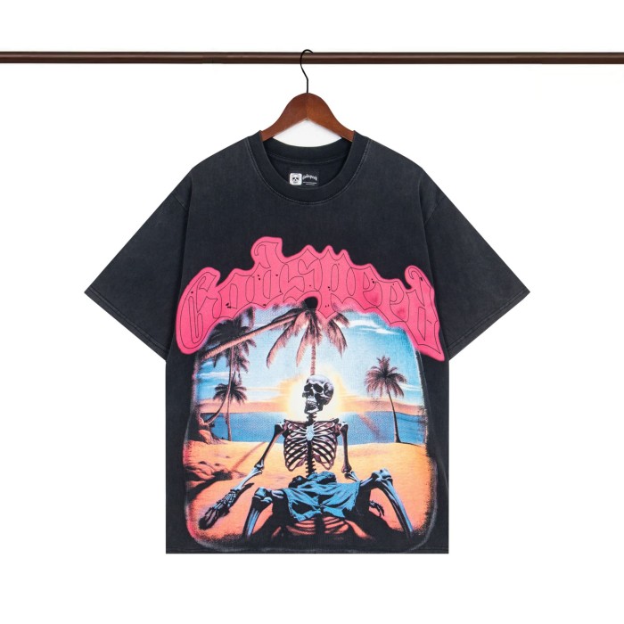 27958342 Pink Letter Skull Beach Print Washed Version Tee