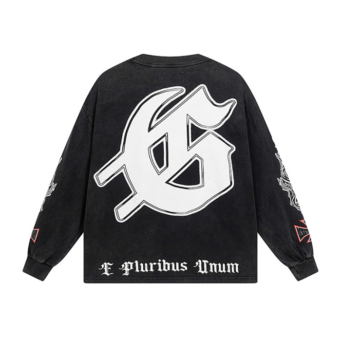 27958352 Colorblocked High Slope Skull Print Washed Version Long Sleeve T-Shirt 2 colors