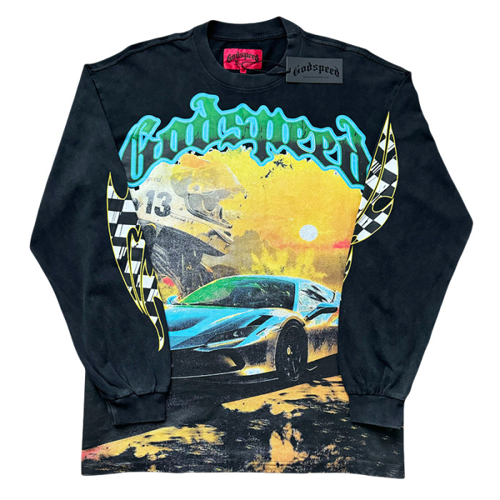 27962942 Sunset Sports Car Print Washed Long Sleeve T-Shirt 2 colors