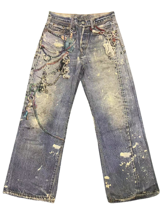 27962836 Key Chain Print Wide Leg Straight Jeans
