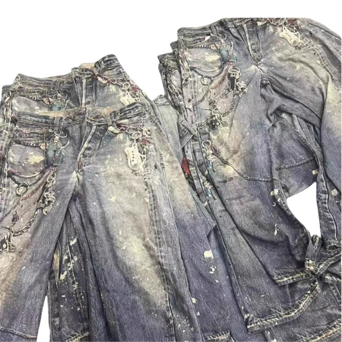 27962836 Key Chain Print Wide Leg Straight Jeans