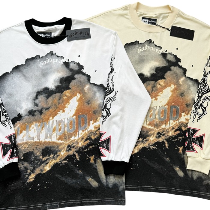 27971054 Burning Billboard Print Washed Long Sleeve T-Shirt 3 colors