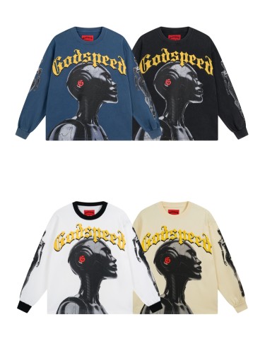 27971281 Robot With Headphones Printed Washed Long Sleeve T-Shirt 4 colors