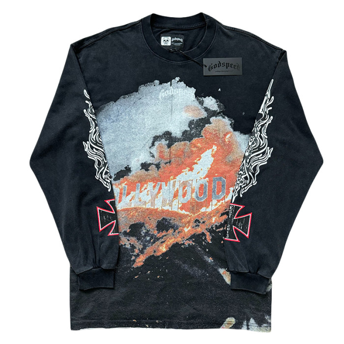27971054 Burning Billboard Print Washed Long Sleeve T-Shirt 3 colors