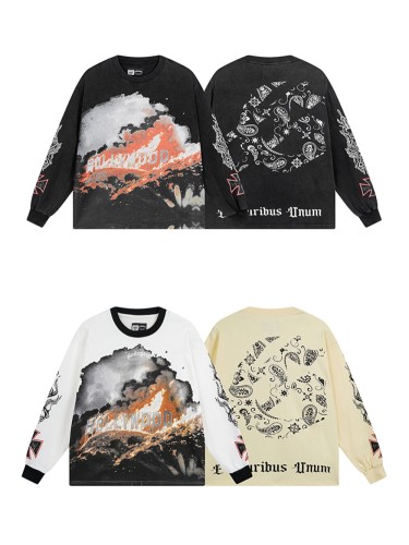 27971054 Burning Billboard Print Washed Long Sleeve T-Shirt 3 colors