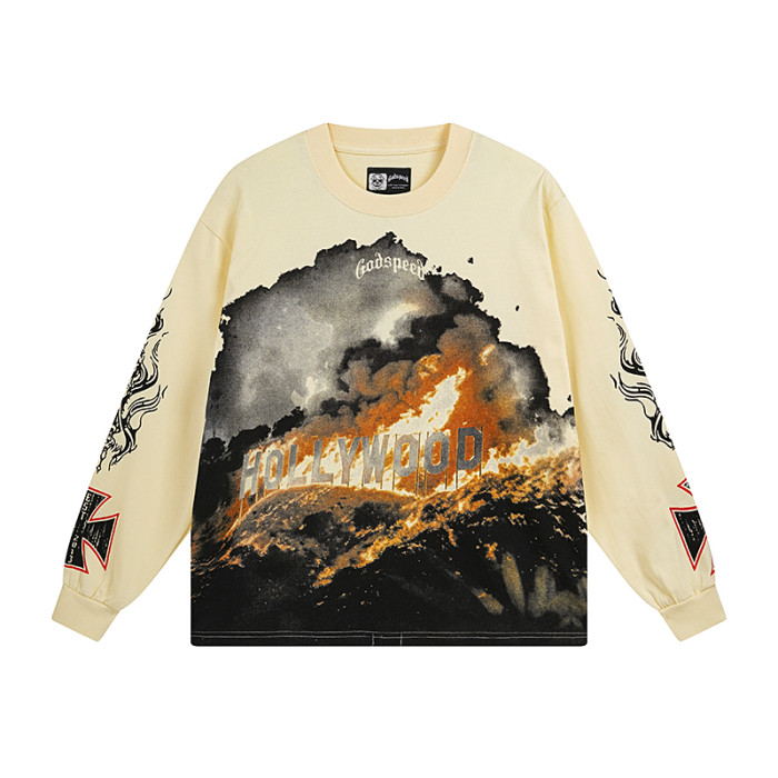 27971054 Burning Billboard Print Washed Long Sleeve T-Shirt 3 colors