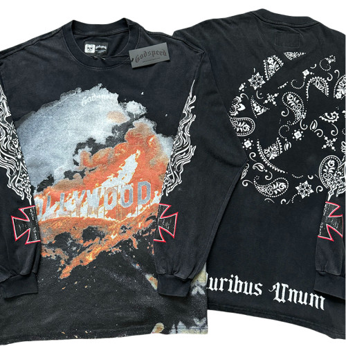 27971054 Burning Billboard Print Washed Long Sleeve T-Shirt 3 colors