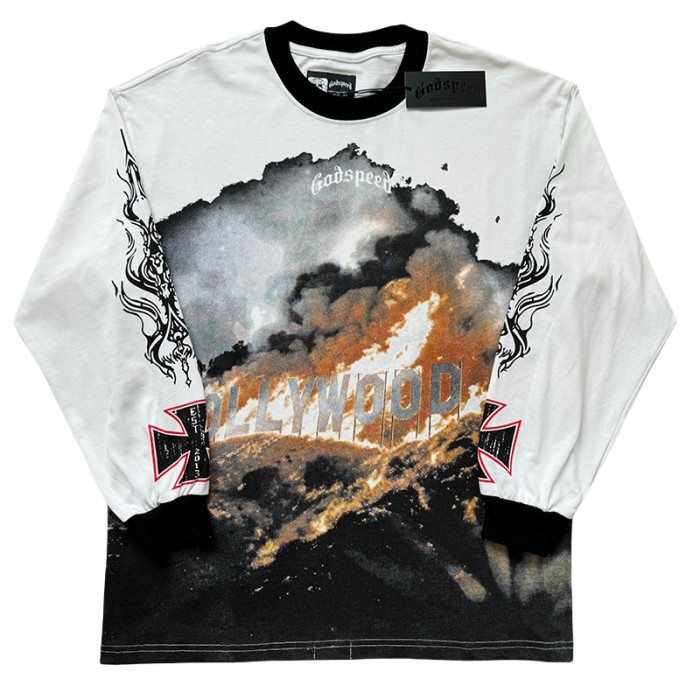 27971054 Burning Billboard Print Washed Long Sleeve T-Shirt 3 colors