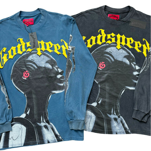 27971281 Robot With Headphones Printed Washed Long Sleeve T-Shirt 4 colors