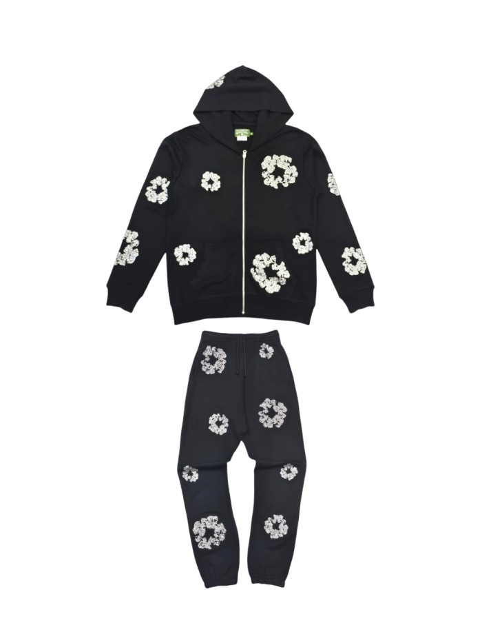 1:1 quality version 27956088 Rhinestone Flower Zipper Hoodie & Sweatpants Set 3 colors