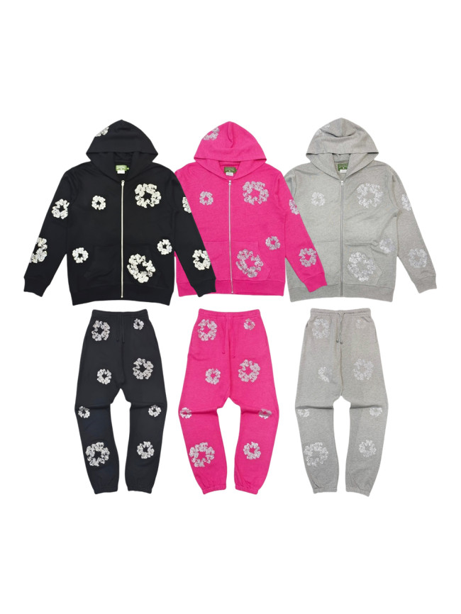 1:1 quality version 27956088 Rhinestone Flower Zipper Hoodie & Sweatpants Set 3 colors