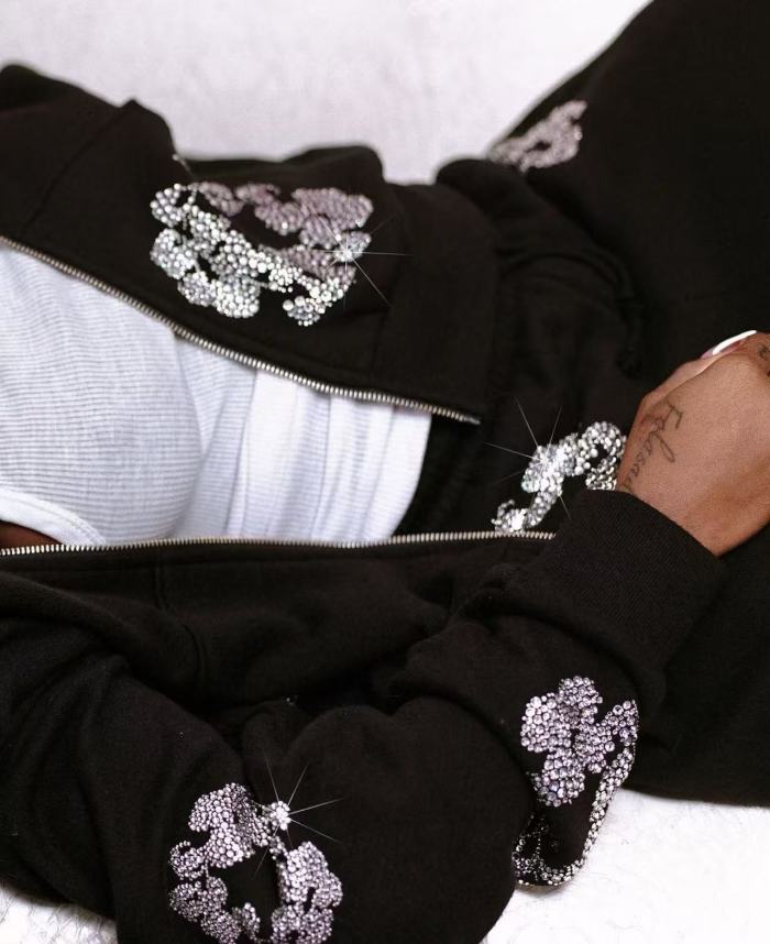 1:1 quality version 27956088 Rhinestone Flower Zipper Hoodie & Sweatpants Set 3 colors