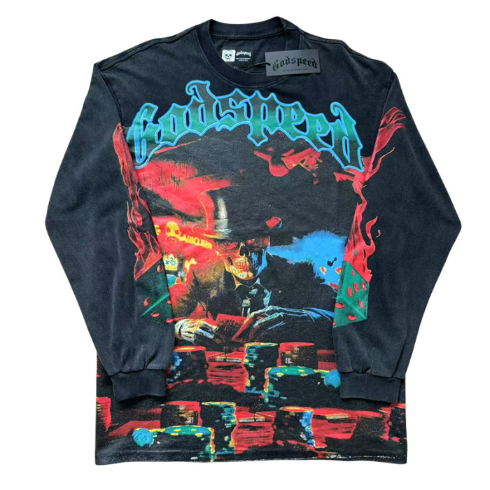27986272 Gambling Table Skull Print Long Sleeve T-Shirt 3 colors
