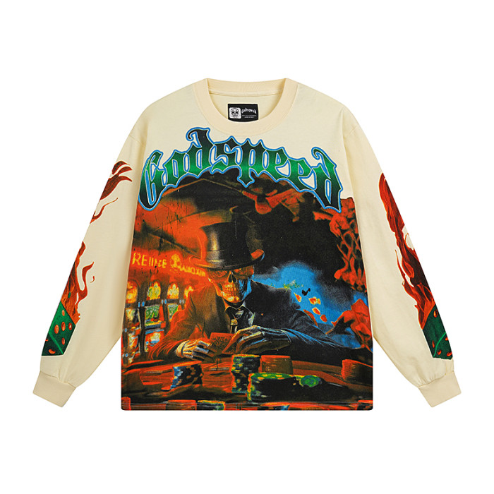 27986272 Gambling Table Skull Print Long Sleeve T-Shirt 3 colors