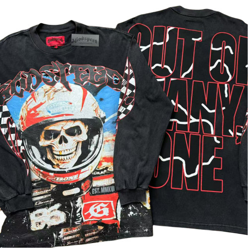 27999125 Racing Skull Print Washed Version Long Sleeve T-Shirt 2 colors