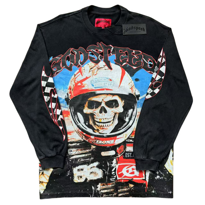 27999125 Racing Skull Print Washed Version Long Sleeve T-Shirt 2 colors