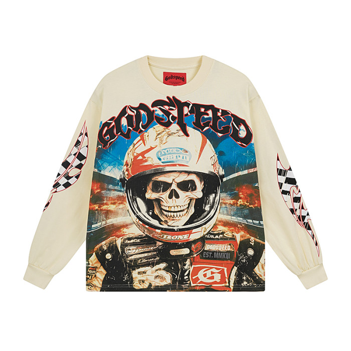 27999125 Racing Skull Print Washed Version Long Sleeve T-Shirt 2 colors