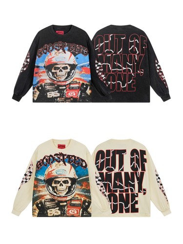 27999125 Racing Skull Print Washed Version Long Sleeve T-Shirt 2 colors