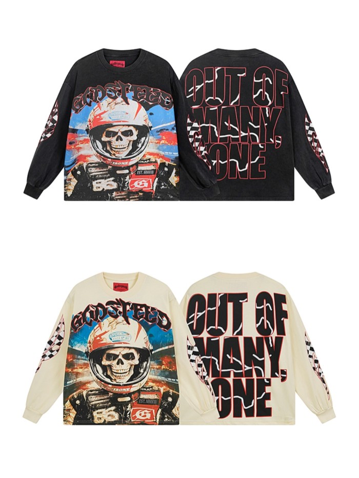 27999125 Racing Skull Print Washed Version Long Sleeve T-Shirt 2 colors