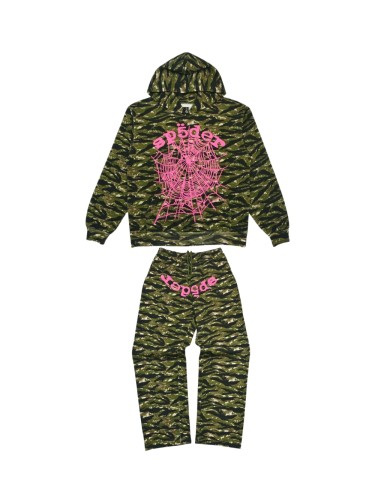 1:1 quality version 28020121 Pink Web Print Green Tiger Stripe Camouflage Hoodie & Pants Set