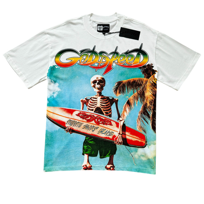 28024427 Surfboard Skull Gradient Letter Print Washed Version Tee 2 colors