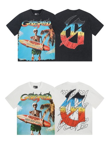 28024427 Surfboard Skull Gradient Letter Print Washed Version Tee 2 colors