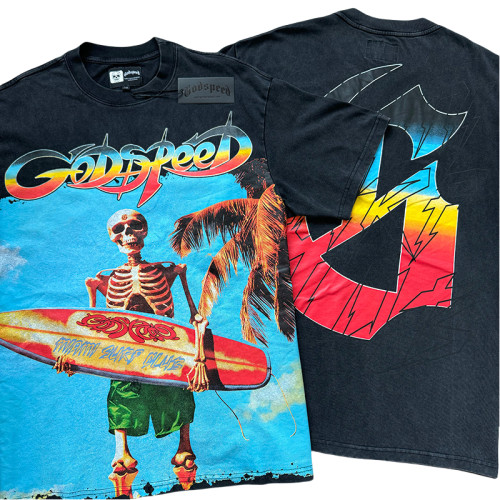 28024427 Surfboard Skull Gradient Letter Print Washed Version Tee 2 colors