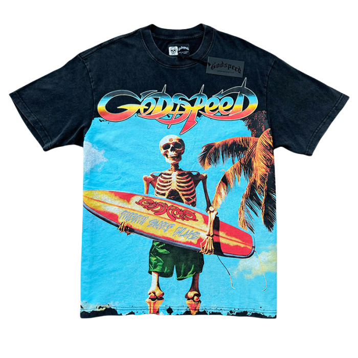 28024427 Surfboard Skull Gradient Letter Print Washed Version Tee 2 colors