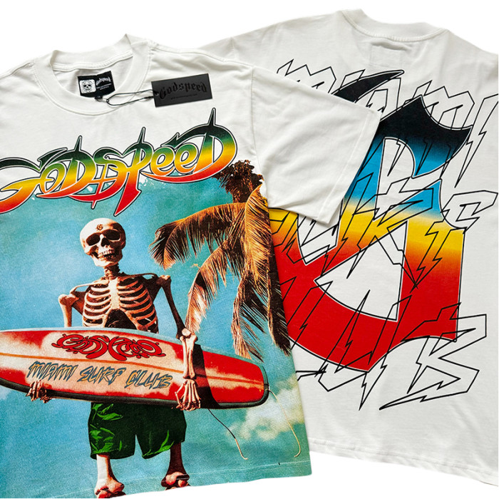 28024427 Surfboard Skull Gradient Letter Print Washed Version Tee 2 colors