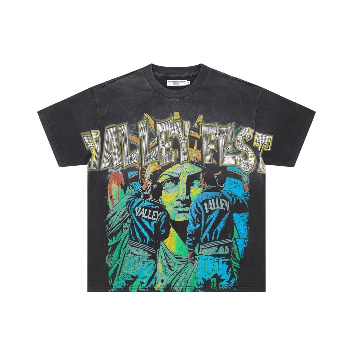 28026672 Rhinestone Letter Graffiti Character Print Washed Version Tee