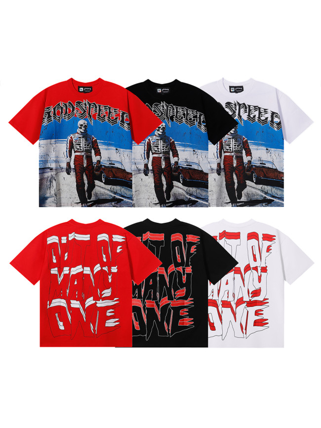 28031558 Skeleton Racer Stereo Heavy Shadow Letter Print Tee 3 colors