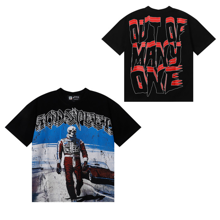 28031558 Skeleton Racer Stereo Heavy Shadow Letter Print Tee 3 colors