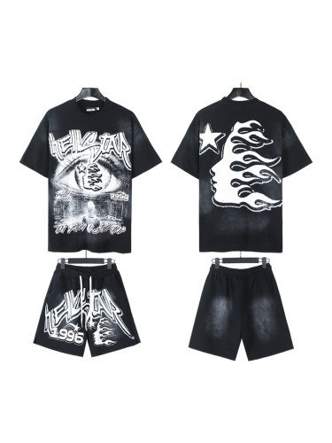 28086868 Colorblocked Twisted Letter Print Washed Version Tee & Shorts Set
