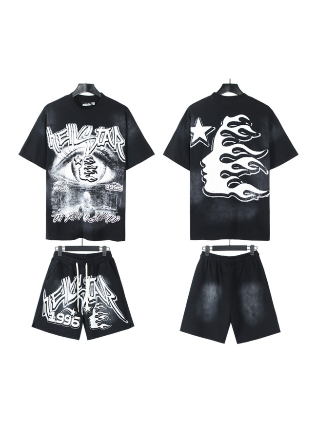 28086868 Colorblocked Twisted Letter Print Washed Version Tee & Shorts Set