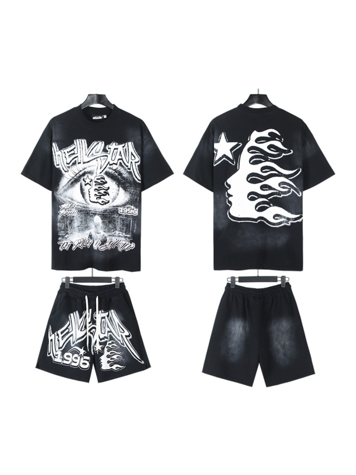 28086868 Colorblocked Twisted Letter Print Washed Version Tee & Shorts Set