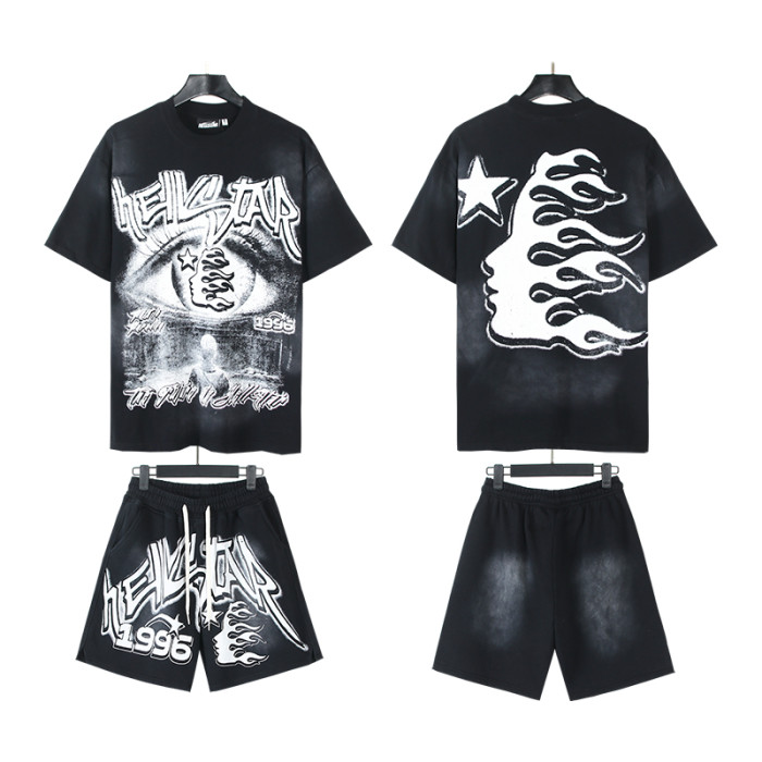 28086868 Colorblocked Twisted Letter Print Washed Version Tee & Shorts Set
