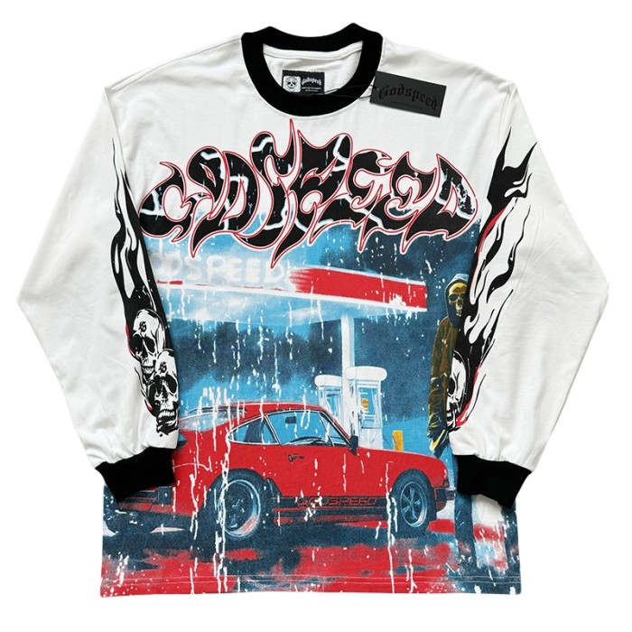 28128574 Gas Station Skull Printed Washed Version Long Sleeve T-Shirt 4 colors