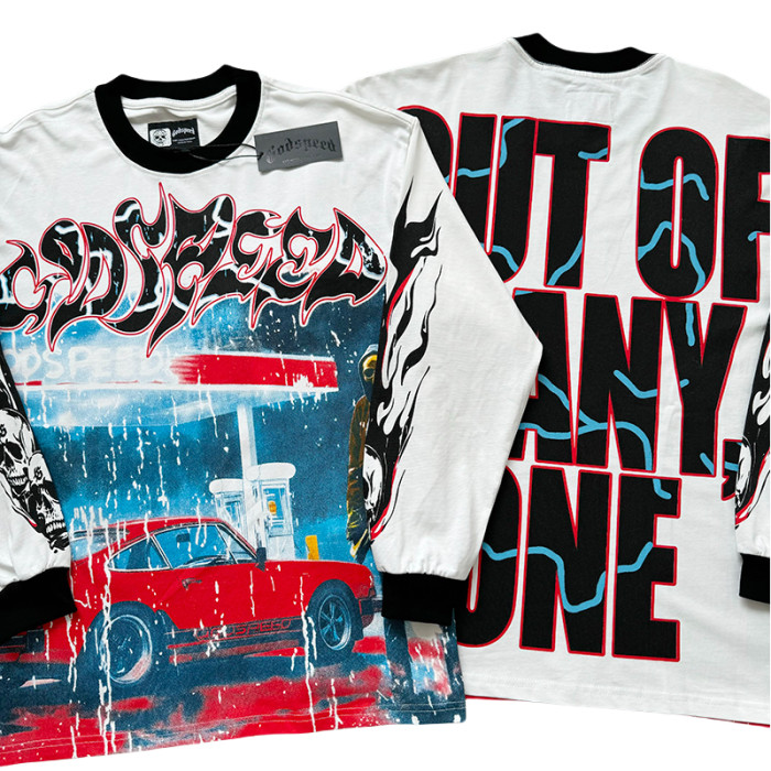 28128574 Gas Station Skull Printed Washed Version Long Sleeve T-Shirt 4 colors