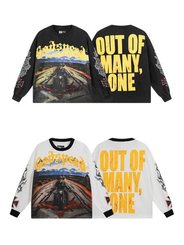 28128576 Rose Skull Moto Print Washed Version Long Sleeve T-Shirt 2 colors