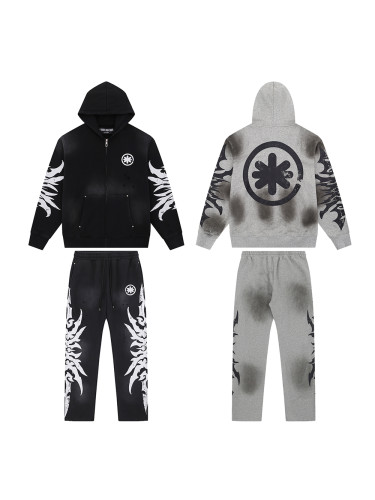 28136451 Side Floral Print Washed Version Zipper  Hoodie & Pants Set 2 colors