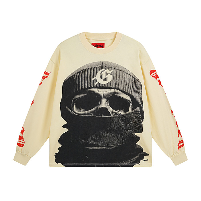 28136495 Masked Skull Print Washed Version Long Sleeve T-Shirt 2 colors