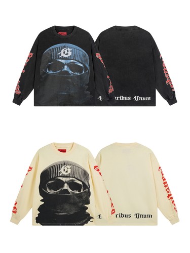 28136495 Masked Skull Print Washed Version Long Sleeve T-Shirt 2 colors