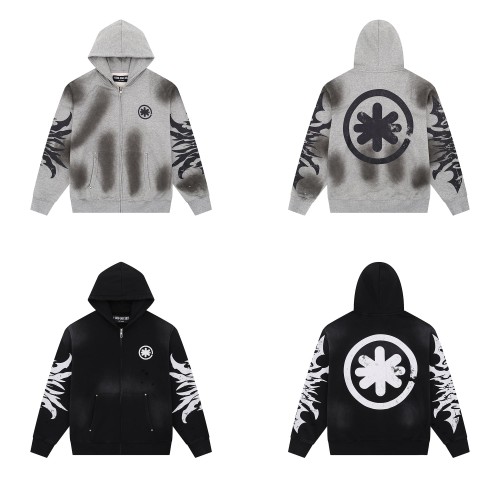28136451 Side Floral Print Washed Version Zipper  Hoodie & Pants Set 2 colors
