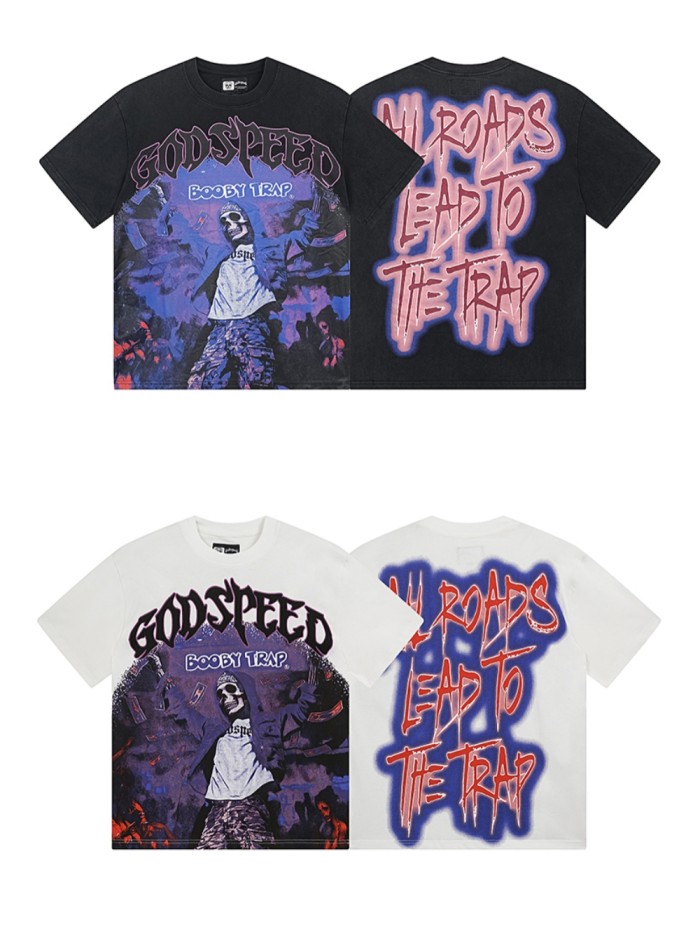 28168191 Skeleton Magic Show Trap Letter Print Washed Version Tee 2 colors