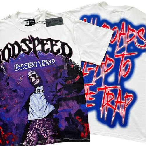 [Buy Two Get One Free]28168191 Skeleton Magic Show Trap Letter Print Washed Version Tee 2 colors