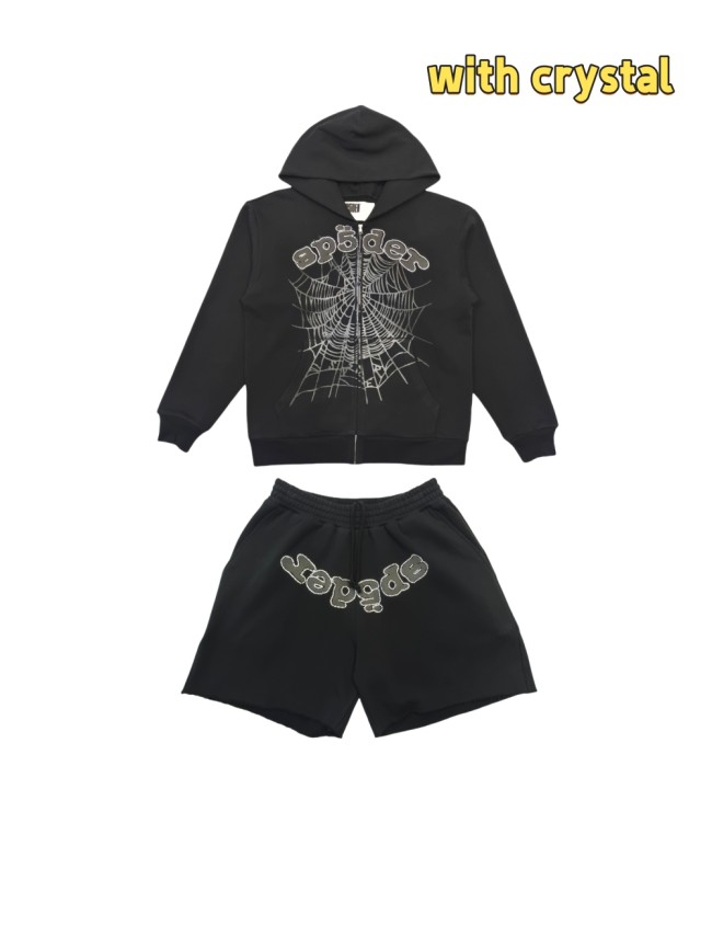 [Big & Tall for weights up to 220 lbs]1:1 quality version 28180554 Rhinestone Black Letter Zipper Hoodie & Shorts Set