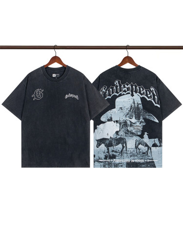 1:1 quality version 28183157 Back Western Cowboy Riding Horse Print Washed Version Tee