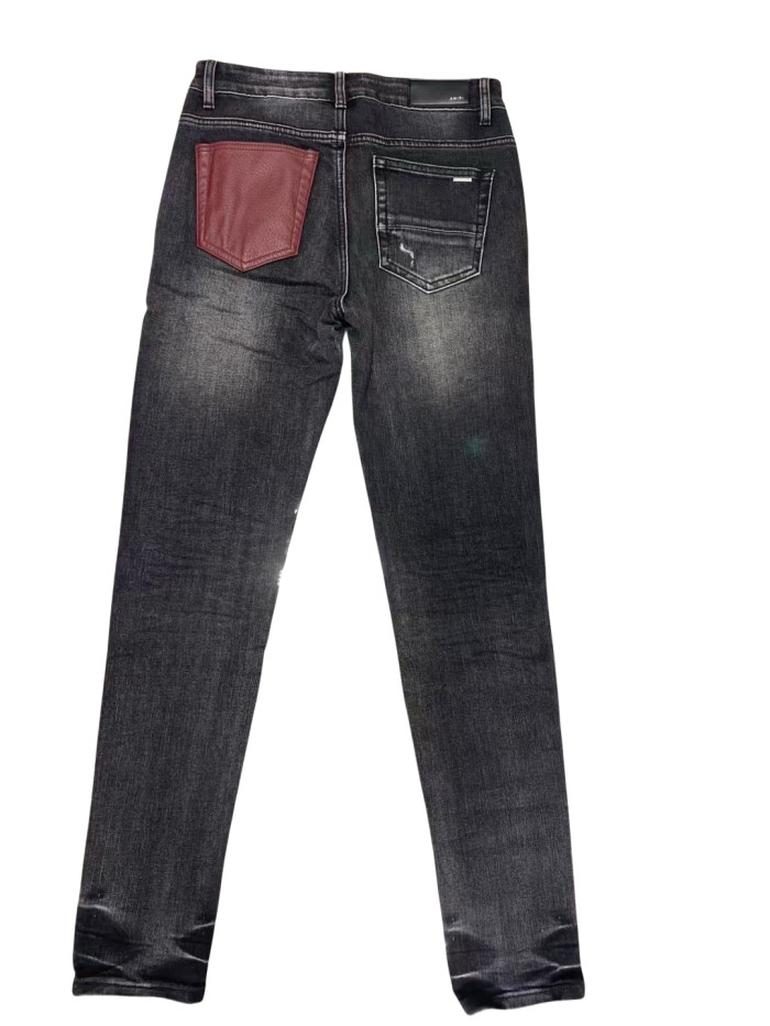   1:1 quality version 28185526 Burgundy Leather Patch Jeans
