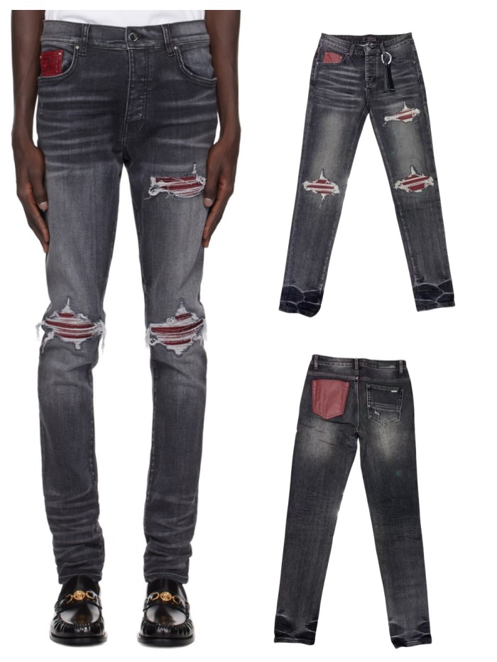   1:1 quality version 28185526 Burgundy Leather Patch Jeans